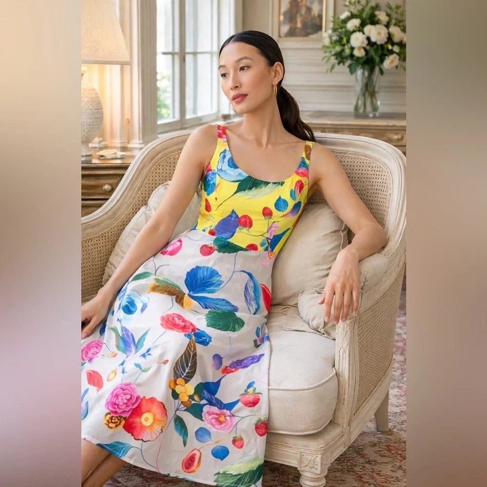 Tuckernuck Vivid Jardin Dominique Dress S Multi Yellow Floral Midi NWT